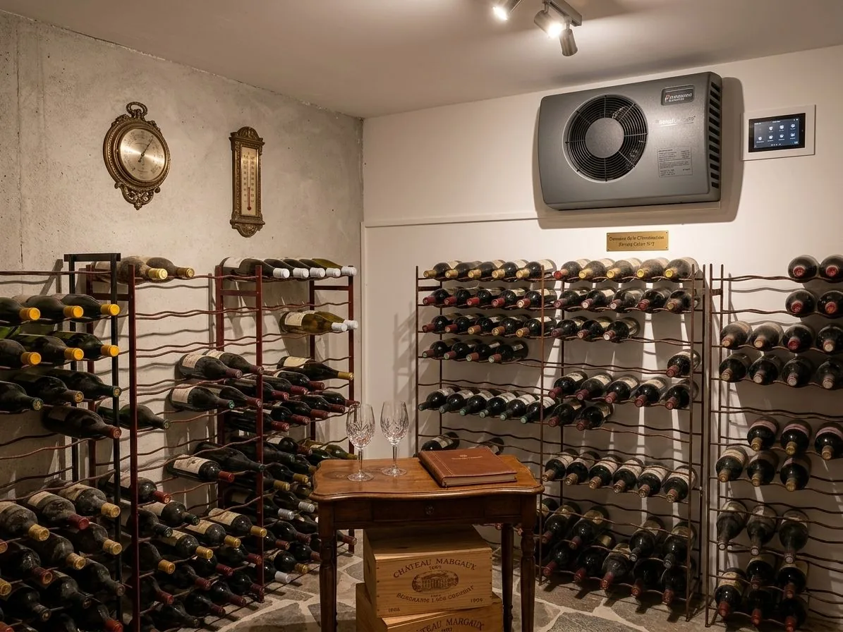 Cave à vin climatisée sur mesure aménagée par AC Solutions avec rayonnages et éclairage LED sans UV