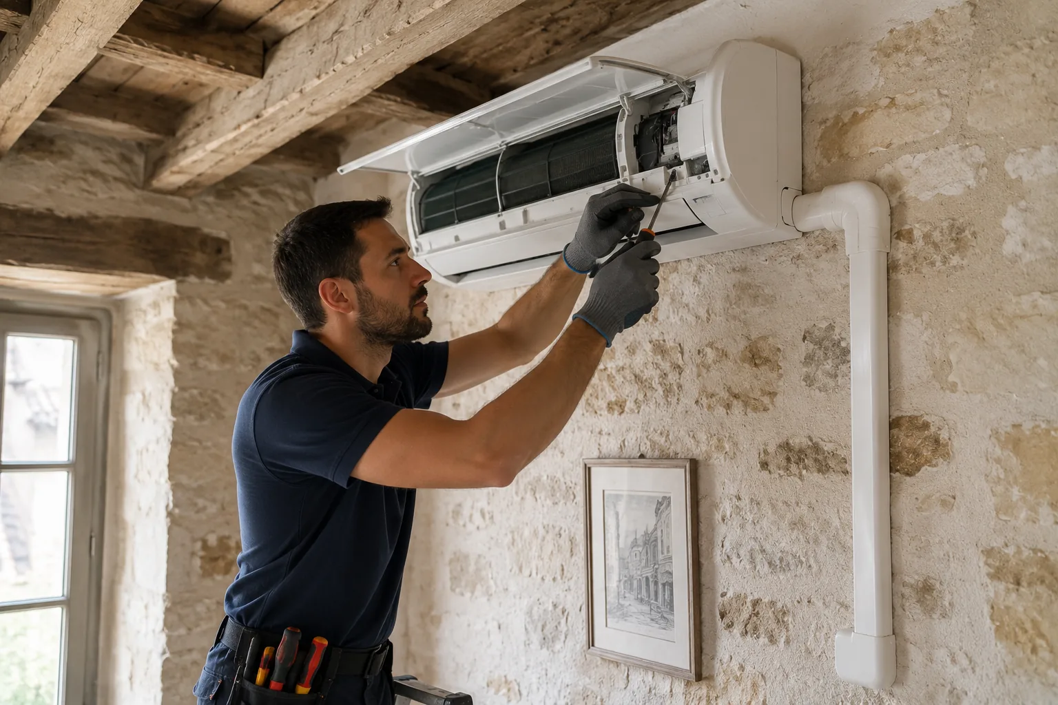Climatiseur mural réversible installé sous un plafond en bois dans une pièce de vie par AC Solutions