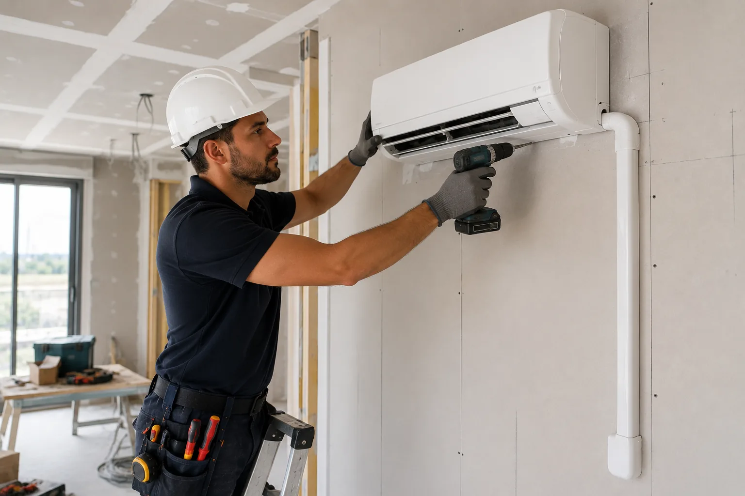 Unité intérieure de climatisation Mitsubishi Electric fraîchement installée dans une pièce en cours de rénovation
