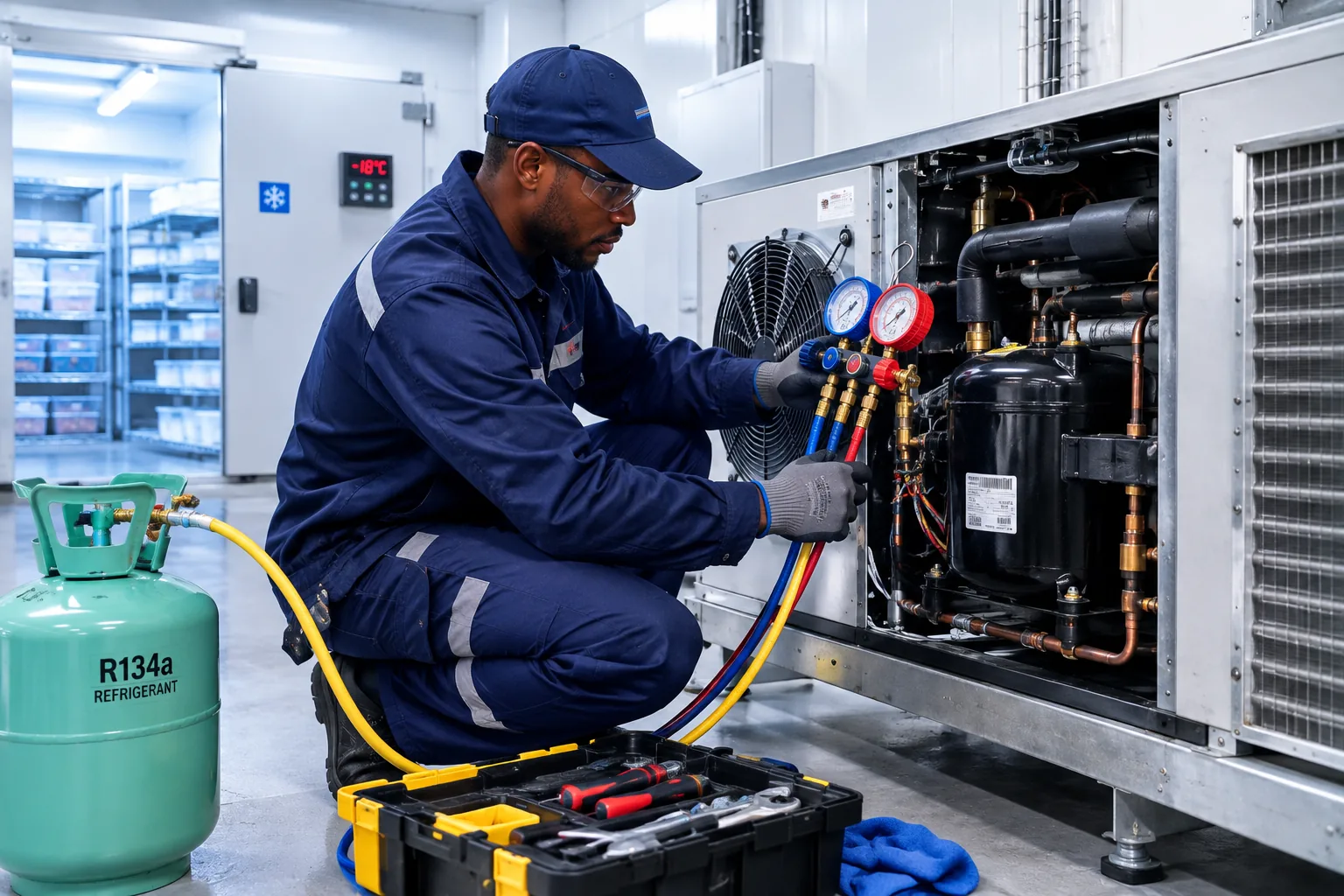 Entretien annuel d'une installation de réfrigération commerciale par un technicien AC Solutions en Wallonie