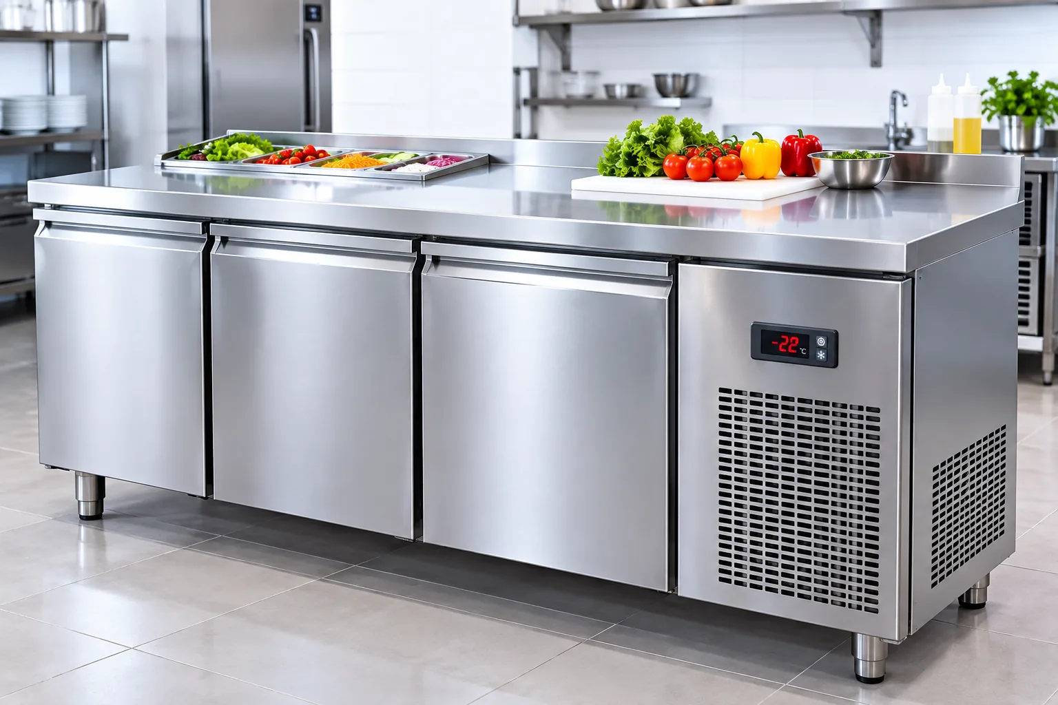 Table réfrigérée en inox avec bacs GN installée par AC Solutions dans une cuisine professionnelle en Wallonie