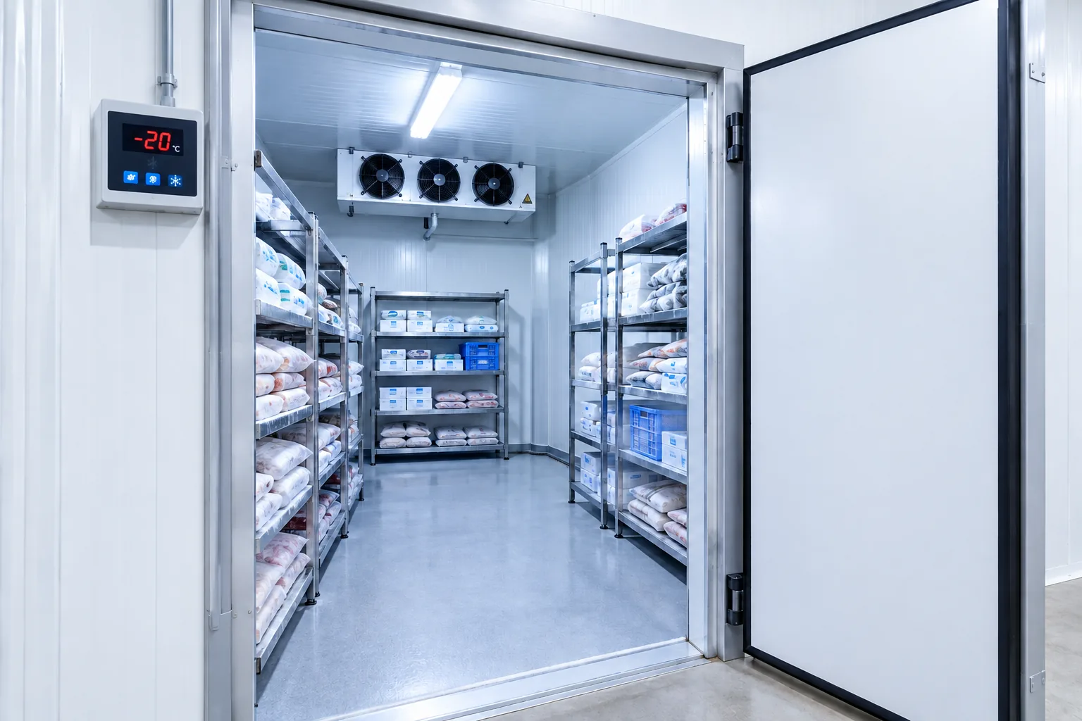 Chambre froide négative professionnelle pour la conservation des surgelés, conçue et installée par AC Solutions en Wallonie