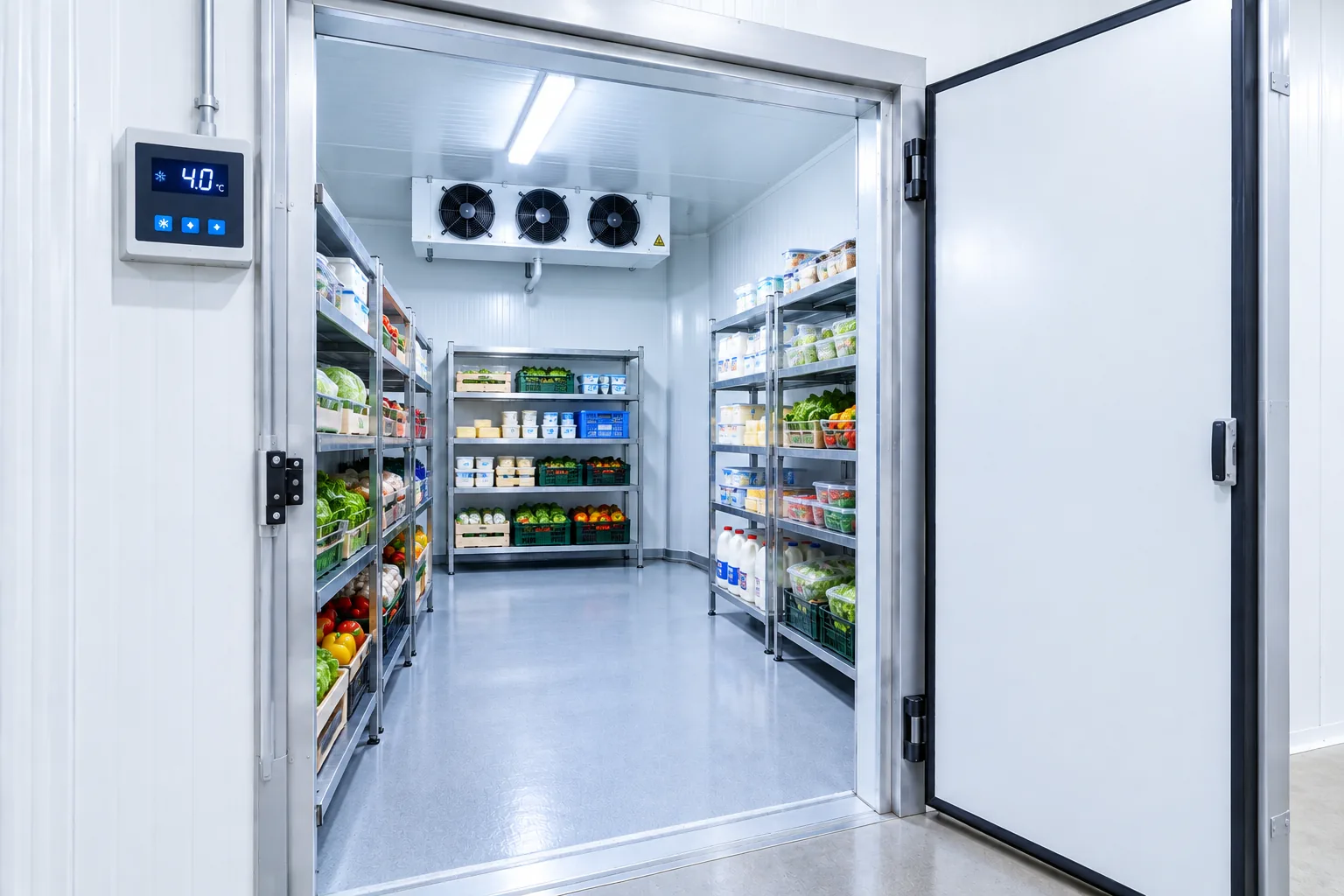 Chambre froide positive professionnelle conçue et installée par AC Solutions pour un commerce alimentaire en Wallonie